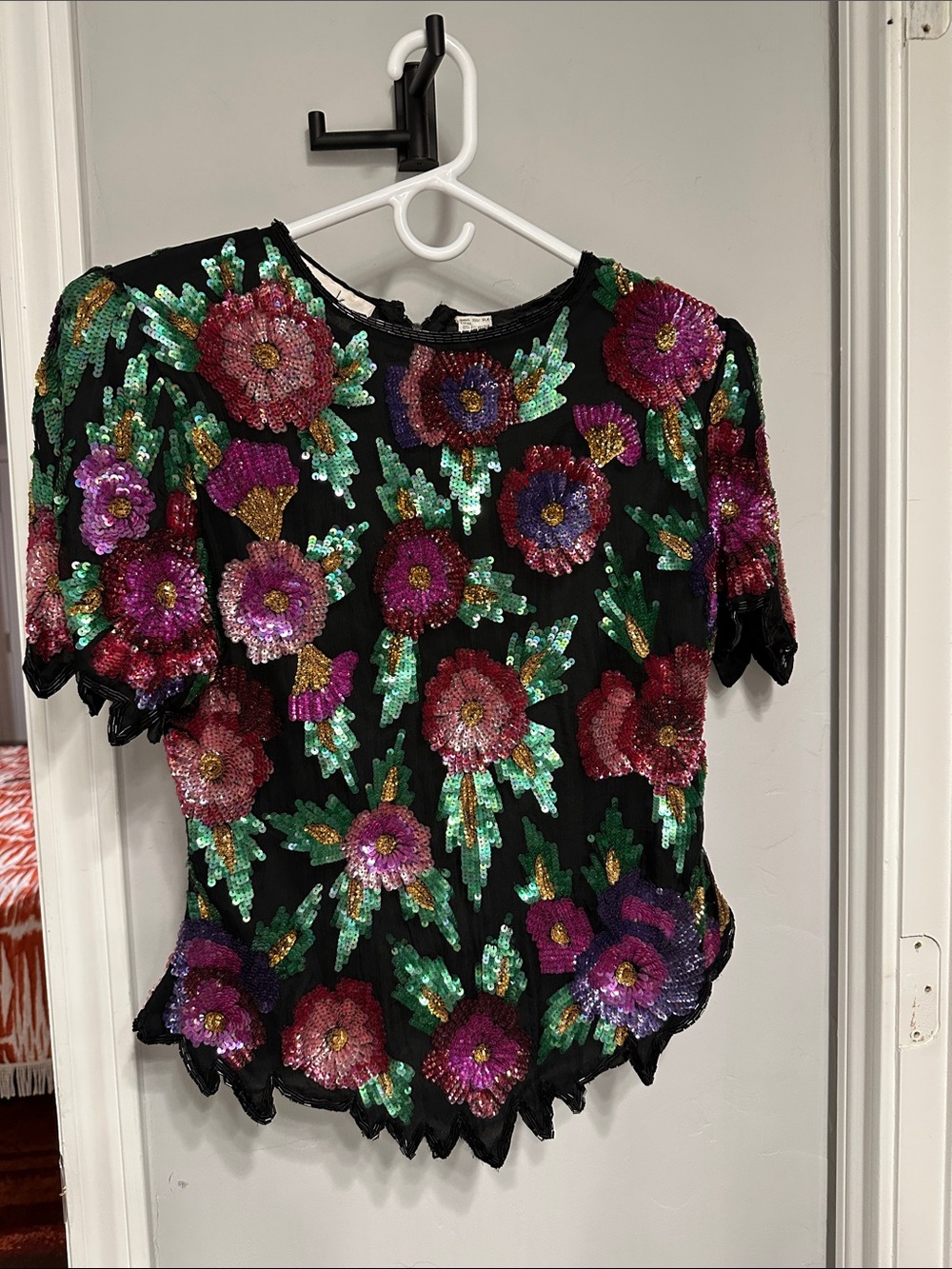 Laurence Kazar Black Sequin Floral Top with Multicolor Embroidery